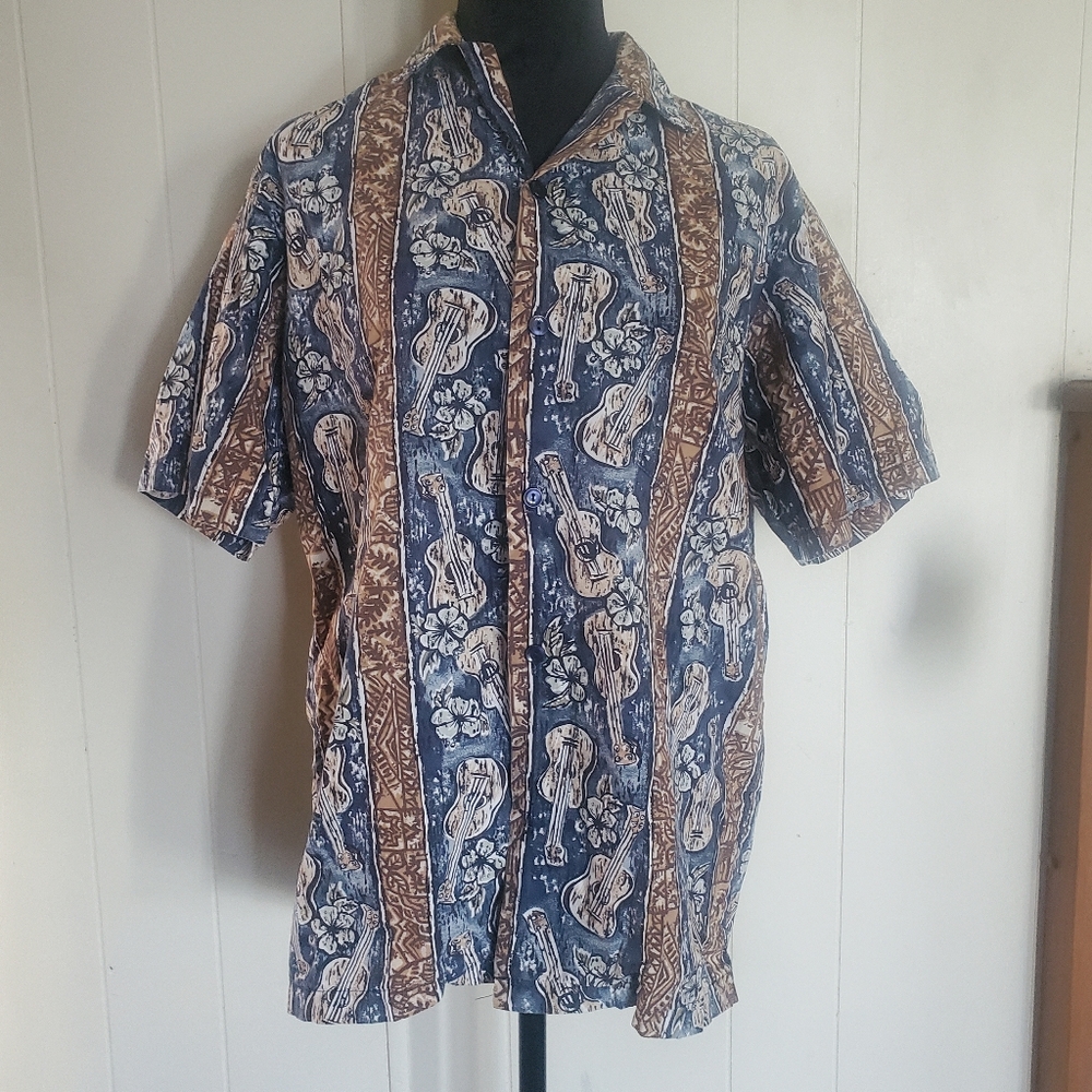 Seawind Mens Hawaiian Shirt Blue Floral & Ukulele Pattern*Missing Button* Size S